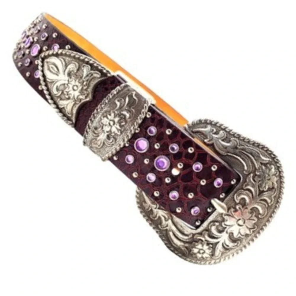 Ariat Burgundy Leather Belt 28 Lavender Crystal Reptile Print Silver Tone Buckle